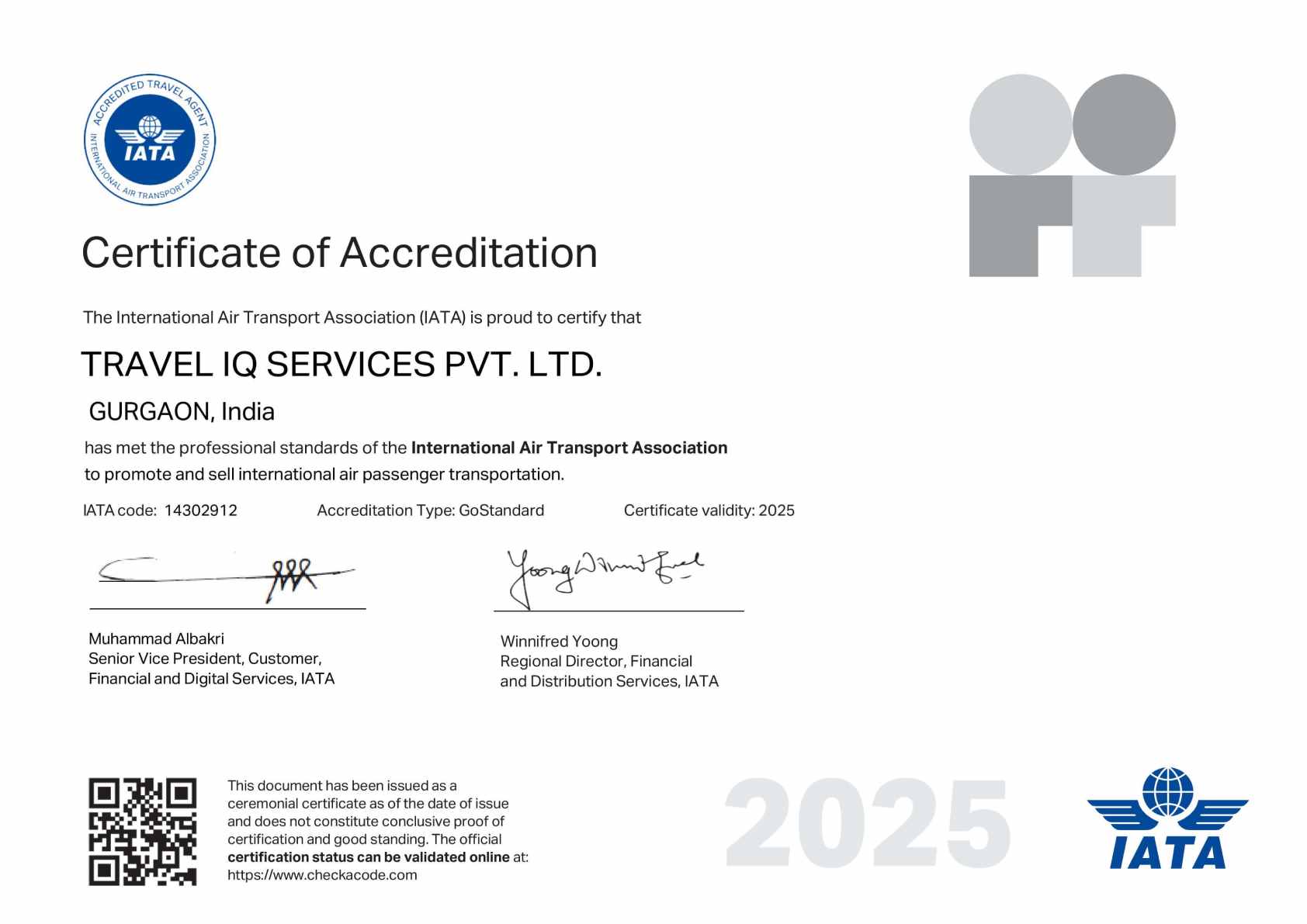 IATA Certificate of Accreditation TraveliQ Services 2025